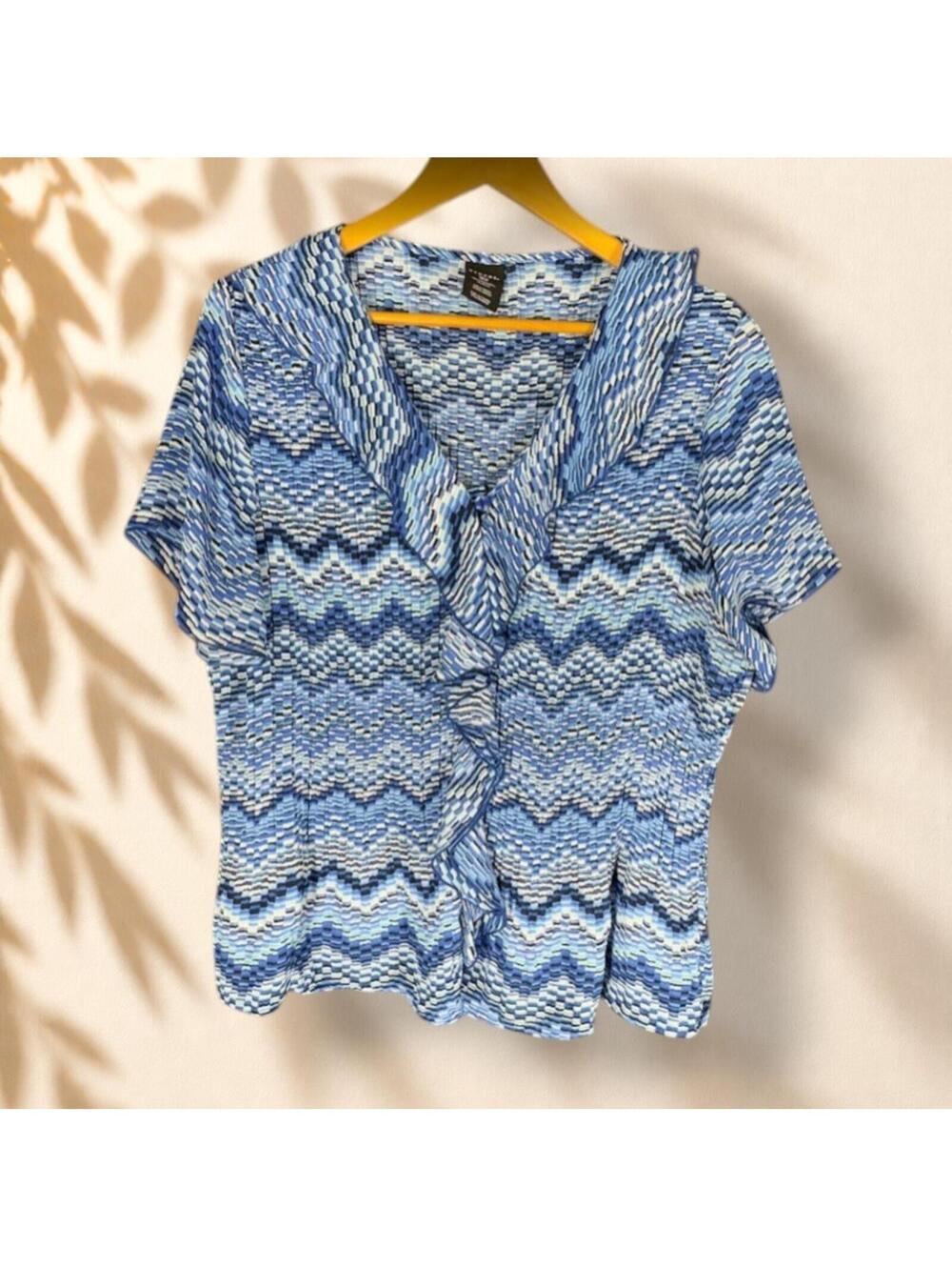 George Blouse Women 1X Plus Blue Striped V-Neck Short Sleeve Ruffle Casual